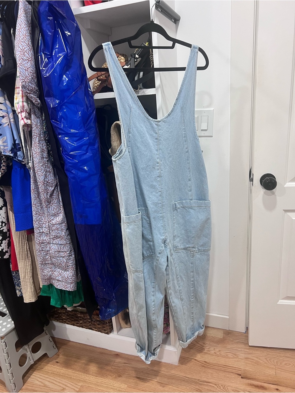 Light Wash Denim Women's Overalls with Front Patch Pockets